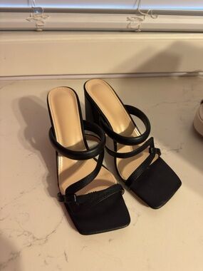 Black Strappy Square-Toe High Heel Mules